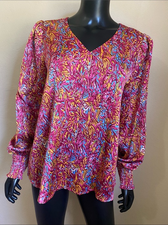 JODIFL Tops - JODIFL Pink Magenta Yellow Blue V-Neck Long Sleeve Blouse
